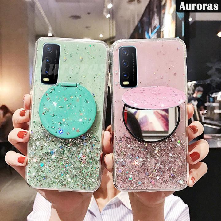 For VIVO Y20 Shiny Ring Case Glitter Soft Transparent Makeup Mirror Cases for VIVO Y20 Back Cover Stars Moon Girls