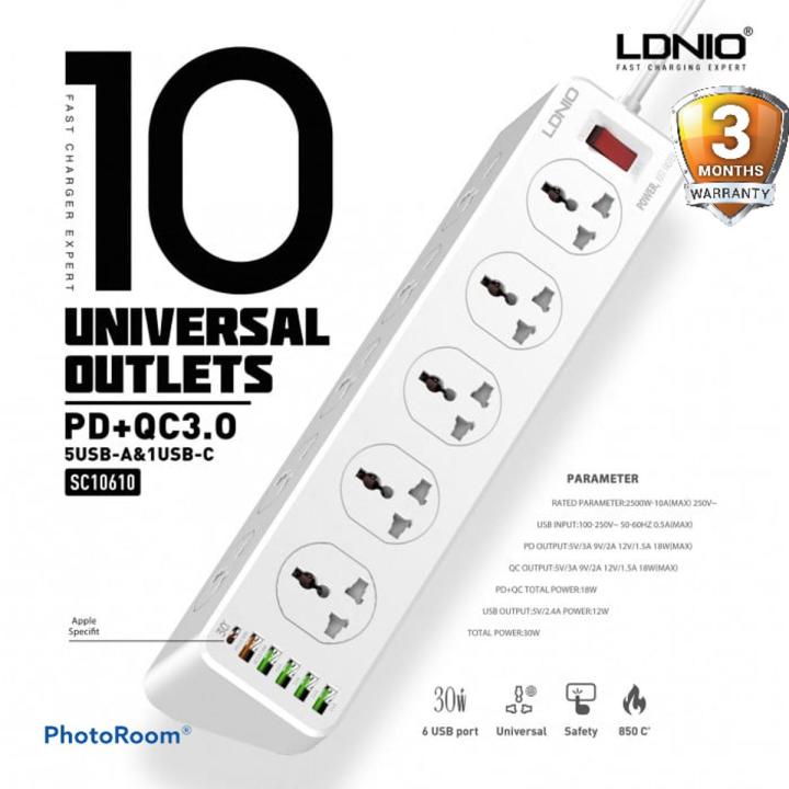 Ldnio SC10610 30W 6-Port USB Charger Power Extension With 10*Outlets / 5 *USB / 1 * PD USB-C ( 3 MONTHS WARRANTY)