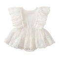 Infant Girls Romper Tutu Skirt, White Fly Sleeves Round Neck Lace One-piece, 0-18 Months. 