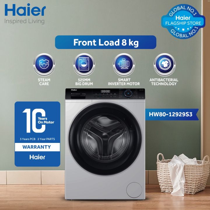 Haier -08kg/ Steam Wash Series/ Fully Automatic/ Front Loading Washing Machine/ HWM 80-12929S3 (525mm Big drum/ Steam Wash/ Hygiene Wash/ Smart Inverter Motor) 10 Years Warranty