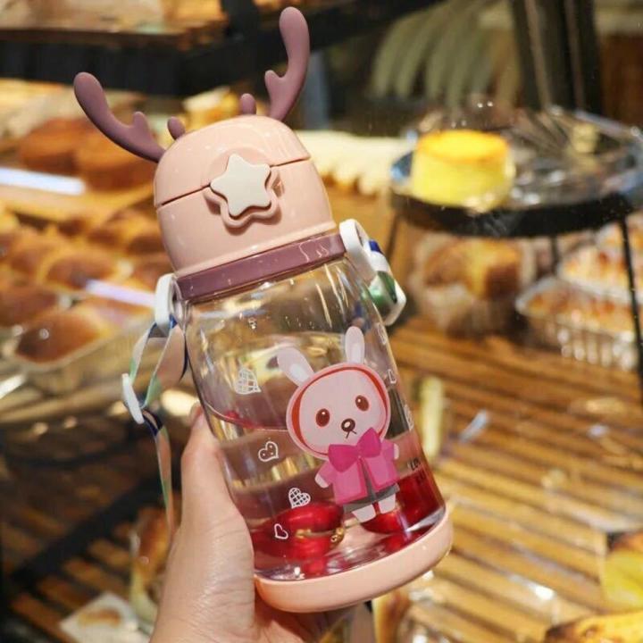 Cartoon Print Plastic Baby Water Bottle With Portable Anti Fall Straw 600ml