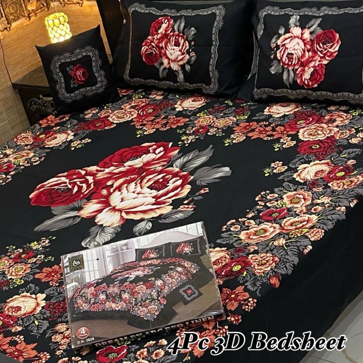 4Pcs Cotton Crystal King Size Bed Sheet Set-3D Printed -Black Colur