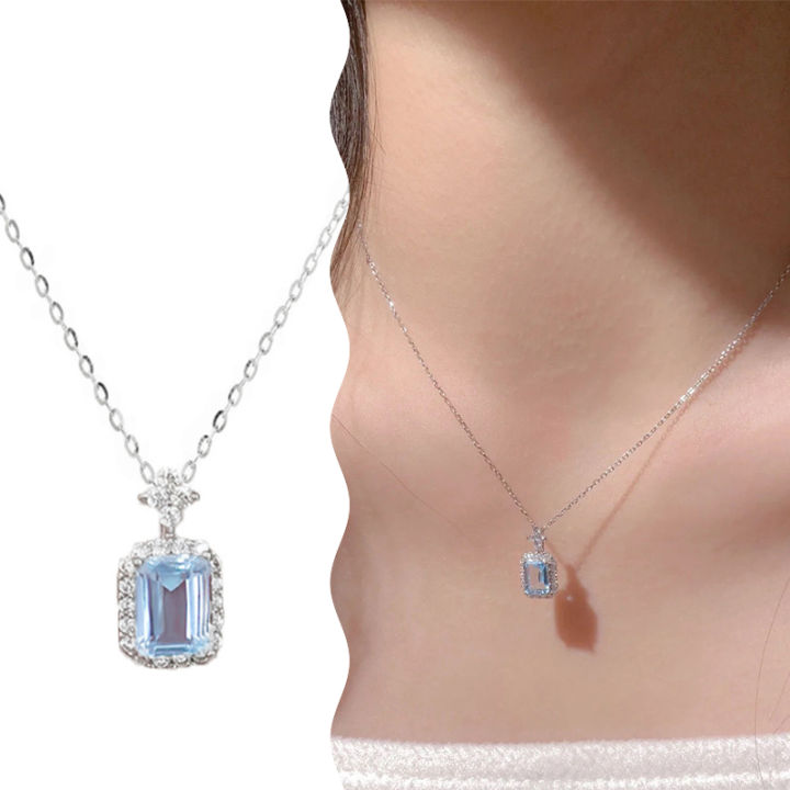 Vintage Sea Blue Zircon Square Pendant Necklace For Women Girls Delicate STARLITE