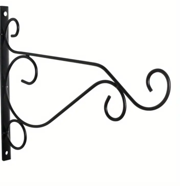 A metal stand for hanging flower pots on your garden wall. It's like a shelf with hooks for your pots.