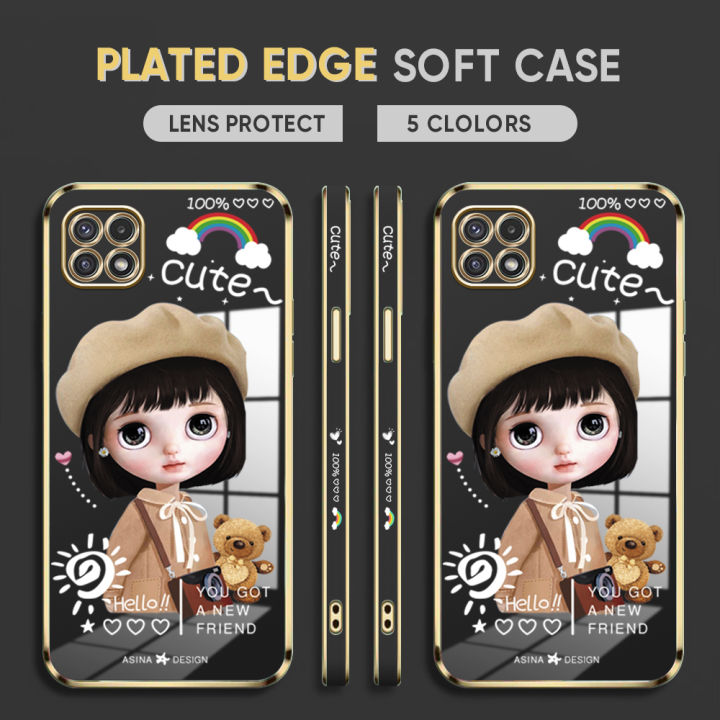 (Free Lanyard) Luxury 6D Plating Case for Samsung Galaxy A22 5G Back Cover Cute Satchel Girl Side Pattern Soft Silicone Square Phone Cases