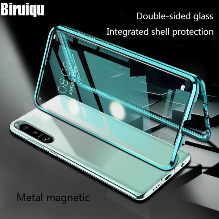 Biruiqu For Sony Xperia 5 Mark 3 Xperia 5 III Magnetic Absorption Case Metal Frame Shockproof Double Sided Tempered Glass Magnetic Case Cover