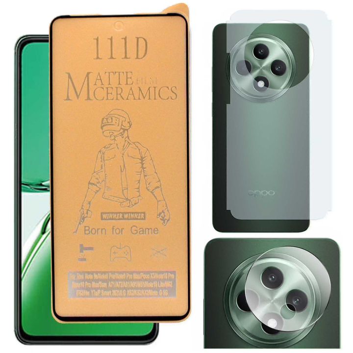 Oppo Reno 12F Ceramic Matte Protector 9D Anti Shock Fiber Sheet + Soft Matte Finish Film Protector for Back Panel for Back + Flexible Ultra Clear 9H Gorilla Camera Lens Guard For Reno 12F