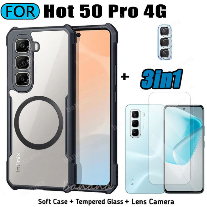 3 in 1 Infinix Hot 50 Pro Acrylic Phone Case For Infinix Hot 50 Hot 50i 40i 40 Pro Casing With Magnetic Wireless Charging Sticker +Full Coverage Tempered Glass Screen Protector
