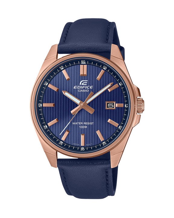 Casio Edifice Mens Rose Gold Stainless Steel Case Round Analog Date Blue Tough Leather Band Watch-EFV-150CL-2AVUDF