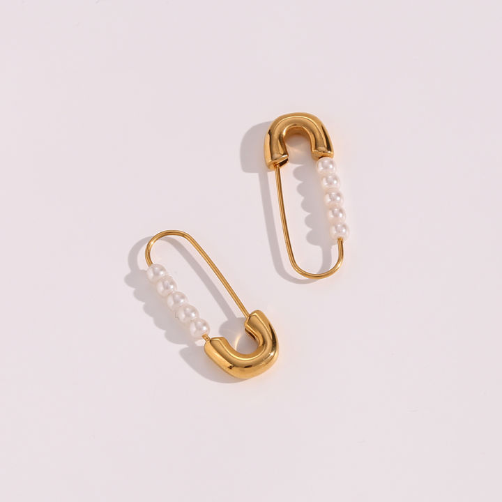 E B belle Official Store Stainless Steel Jewelry Dainty Safety Pin Pearl Earring For Girl 18k Gold Plated Fashion Earring