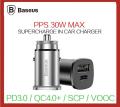 BASEUS PPS Smart Car Charger (PD 3.0 FOR Phone, QC 4.0 FOR ANDROID AND SCP FOR HUAWI / 30W MAX) Type-C PD + USB Quick Charge DUAL PORT Car Adapter. 