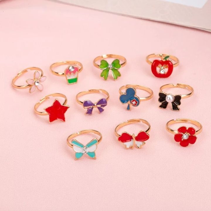 12%20Pcs%20Sweet%20Cute%20Adjustable%20Rings%20for%20Children%20Girls%20Pretend%20Play%20Makeup%20Toys%20Cartoon%20Crystal%20Jewelry%20Alloy%20Animal%20Enamel%20Ring%20-%20Image%203