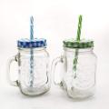 Glass Jar Mug with Straw and Handle(Clear) - Pack of 2. 