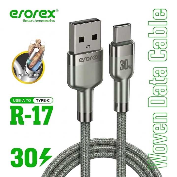 erorex R-17 30W Fast Charging USB-A to Type-C Woven Data Cable– High-Speed Data Sync & Durable Braided Charging Cord