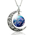 12 Zodiac Sign Necklace Zodiac Signs Cabochon Glass Crescent Moon Pendant Clavicle chain Necklace Birthday Gifts for Women. 