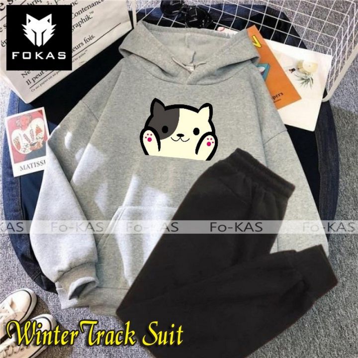 High Quality Winter Fleece Tracksuit Export Quality Casual CUTE CAT Printed Hoodie + Trouser Track Suit for Boys_Girls