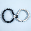 Magnetic Heart Bracelet Set for Couples with Black and White Stone Beads Adjustable 2 Pcs Set Beads Bracelets for Couple. 