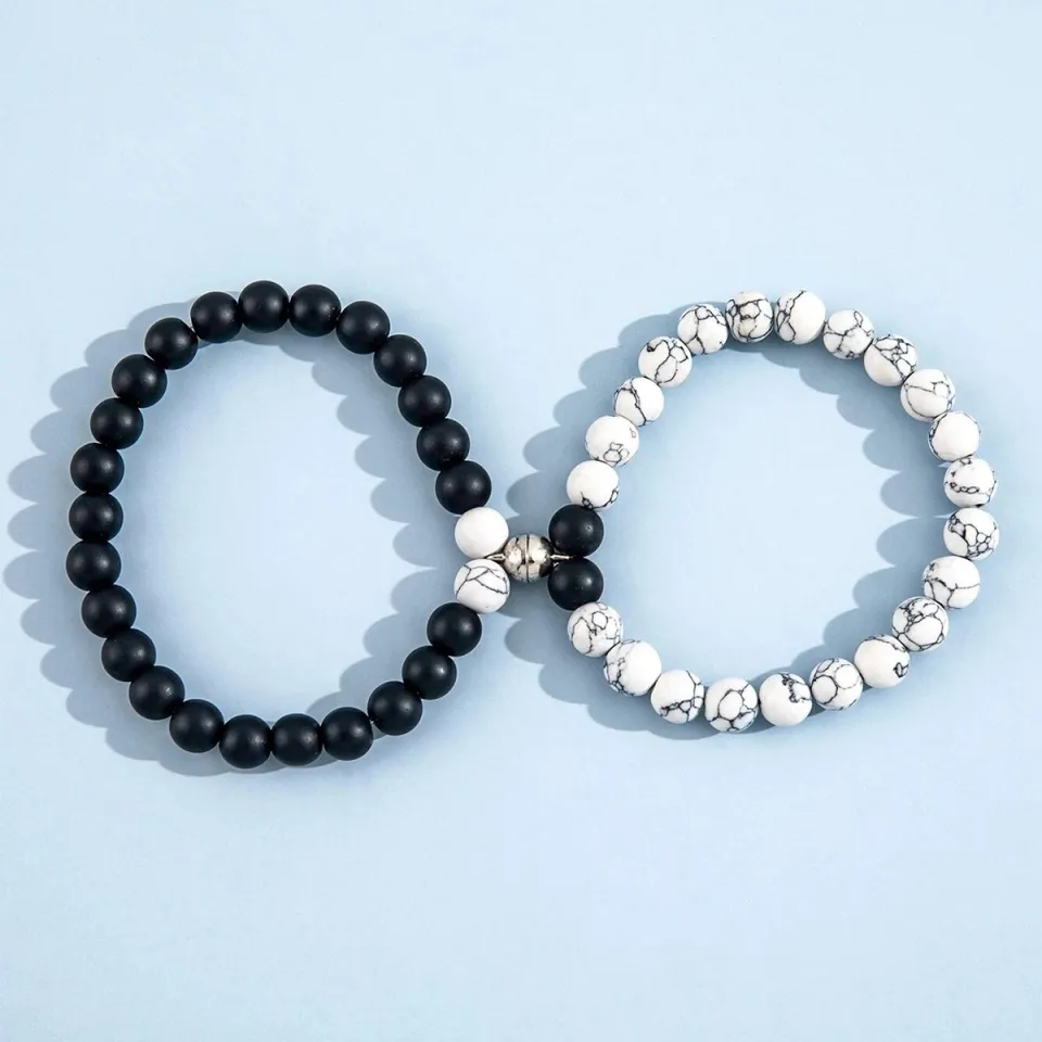 Magnetic Heart Bracelet Set for Couples with Black and White Stone