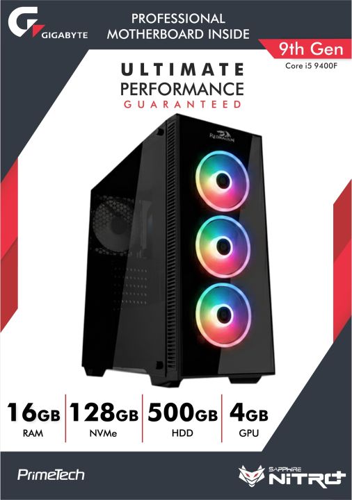 9th Generation Gaming PC, Core i5 9th Gen Processor, 16GB DDR4 RAM, 128GB NVMe M2, 500GB HDD, AMD 4GB RX 470 DDR5 256 Bit Graphics Crad, RGB Side and Front Glass Case with 3x ARGB Fans, Gigabyte B360 Aorus Gaming 3 Motherbord, 500 Watts 80 Plus PSU
