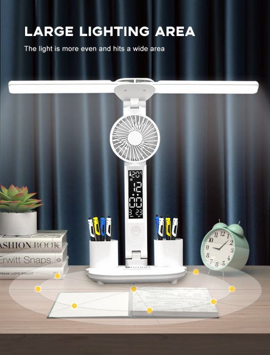 Desk Lamp with Fan & Pen Holder – 3-Color Touch Dimming Study Lamp, Eye ...