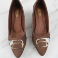 Women's Pointed Toe Pumps with Golden Buckle - Satin Finish Low Block Heel Fancy Court Shoes for Girls - Maroon, Green & Brown. 