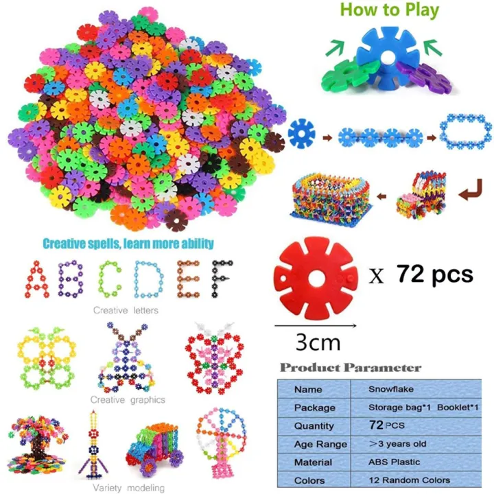 72 PCS - Snowflake Building Blocks Flakes Set Toy Interlocking Plastic ...