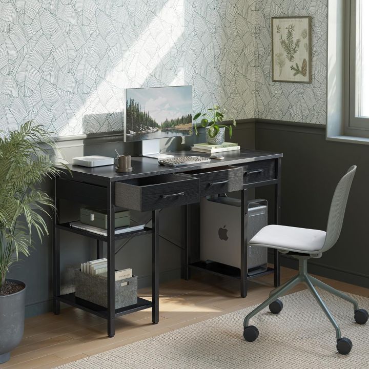Unique and Modern Computer Table with 3-Drawers and 4-Shelves, Home ...