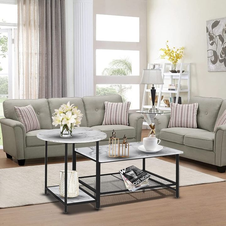 Coffee%20Table%20Black%20Marble%20Set%20of%201%20Round%20and%20Long%20Rectangle%202%20Tiers%20Wood%20Storage%20Shelf%20Detachable%20Living%20Room%20Black%20and%20white%20Marble%20-%20Image%204