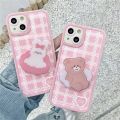 Korean Cute Cartoon Bear Pink Lattice Phone Case For iPhone 13 12 11 Pro XS Max X XR 7 8 Plus Holder Prorective Soft Back Cover. 