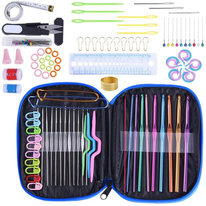 100Pcs Crochet Hook Set with Yarn Knitting Needles Sewing Tools Knit Gauge DIY Craft Tools Kit (Blue)