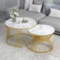 Stylish Metallic Mid Coffee Table Set with Gold Metal Frame - Round Side Table with Shelf, Nesting Coffee Table Set of 2, Stackable Metal Coffee Tables for Nesting Tables, Center Table, Wooden Table, Coffee Table, and Cocktail Table!. 