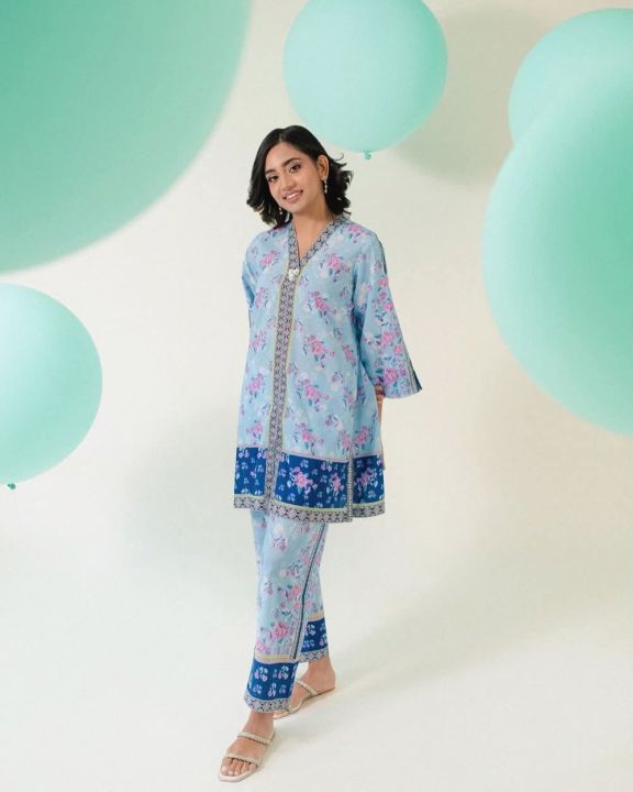 Blue Floral Stitched and Ready to Wear Co Ord Set.