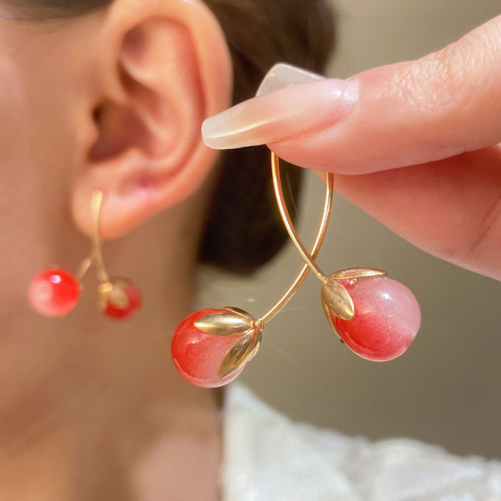 Fashion New Light Pink Cherry Earrings Women's All-Match High-Grade Online Influencer Earrings Sweet Girly Temperamental Earrings