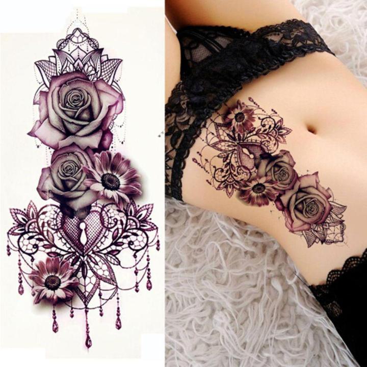 Purple Rose Tattoo Stickers Temporary Waterproof Flower Tattoo Water Transfer For Women Waist Chest Body Art Accessories