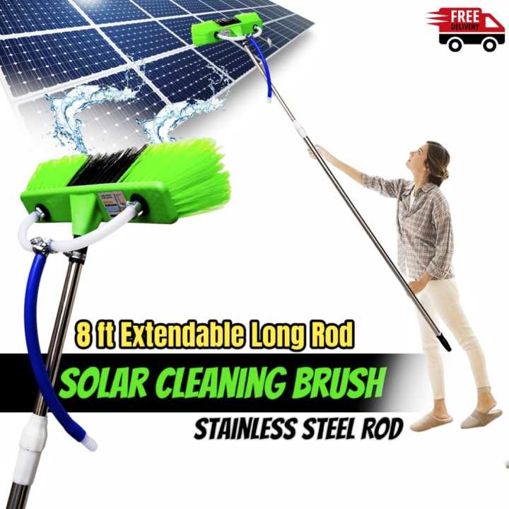 Solar Panel Cleaning Soft Hair Brush with Water System, 14 FT Adjustable non-magnetic STAINLESS STEEL Rod, Solar Panel Cleaning Brush and Outdoor Window Washing Brush