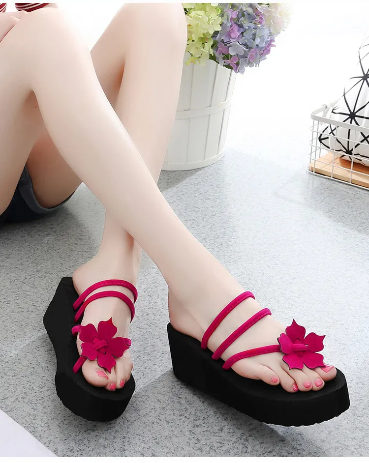 Women floral Flip Flops Slippers High Heel Platform Wedge Thick Beach Casual Sandals Shoes Daraz.pk