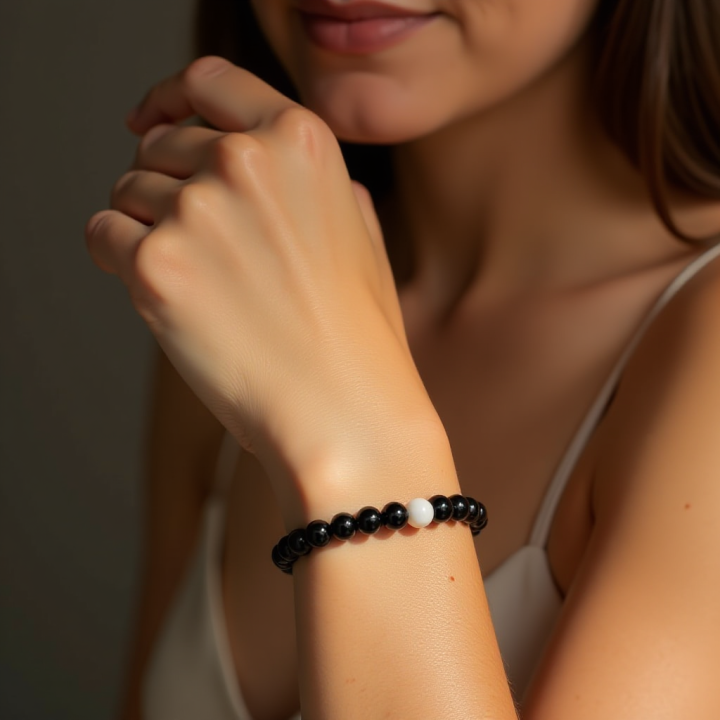 Black Obsidian Beads Bracelet Black and White Beads Bracelet for Boys & Girls Handmade by AK Beads & Stones