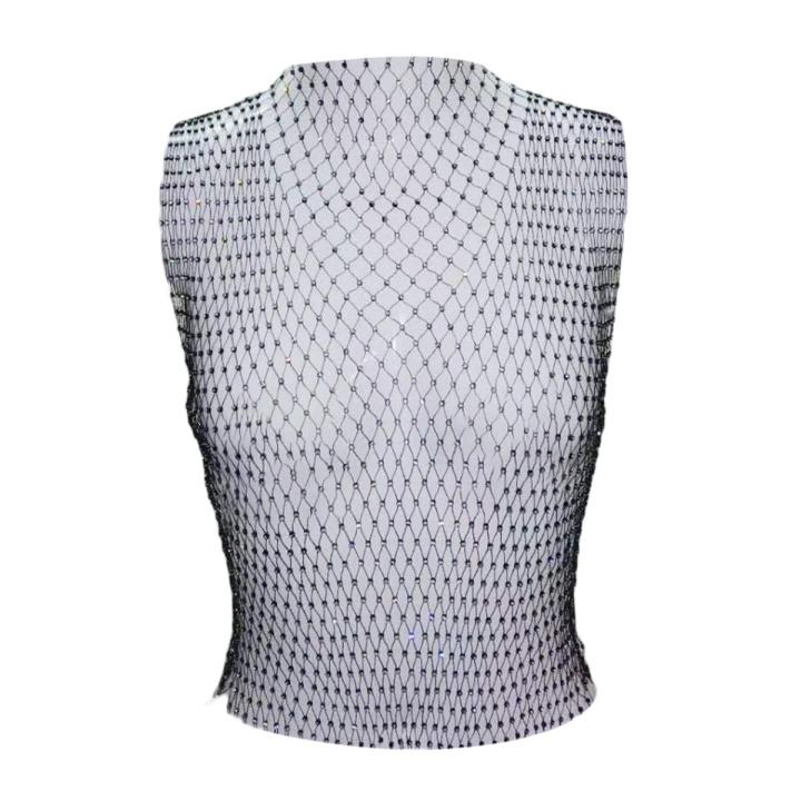 Ladies Mesh Midriff-baring Tops, Women Leisure Style Rhinestone Decoration Round Collar Sleeveless Hollow Perspective Tank Top