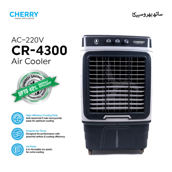 Cherry Air Cooler CR-4300 , AC-220V High Throw, Large Size Super Plus Fast Cool , 90 Liters , Auto Swing and Turbo Cooling Technology , 4 Way Movable , Ice Box Technology , 1 Year Warranty