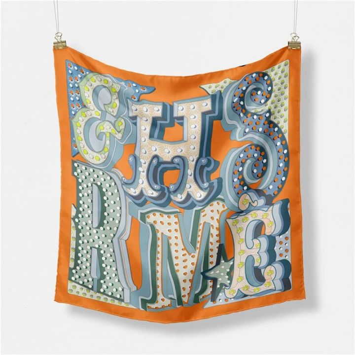 Twill Silk Scarf Woman Letters Painting Square Scarves Wraps Bandana ...