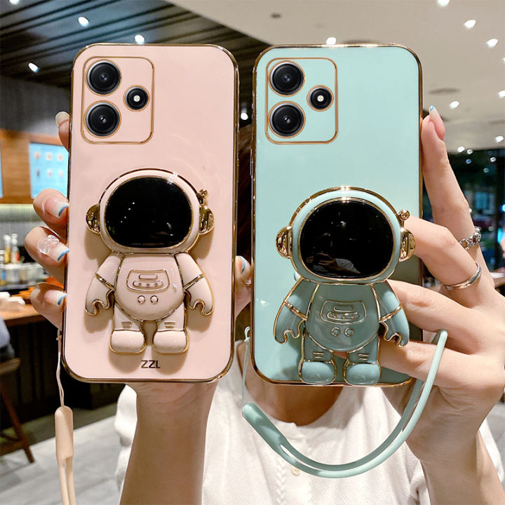 For Tecno Spark 20 / Spark 20C / Spark 20 Pro Back Cover with Lanyard + Cartoon Astronaut Folding Stand Luxury 6D Plating Square Frame Phone Case Shiny Soft Silicone Protective Cases Pouch Girls