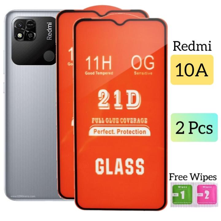 Pack of 02 - Redmi 10A - 100% Original Full coverage Tempered Glass screen Protector- Full Glue- with Cleaning Wipes