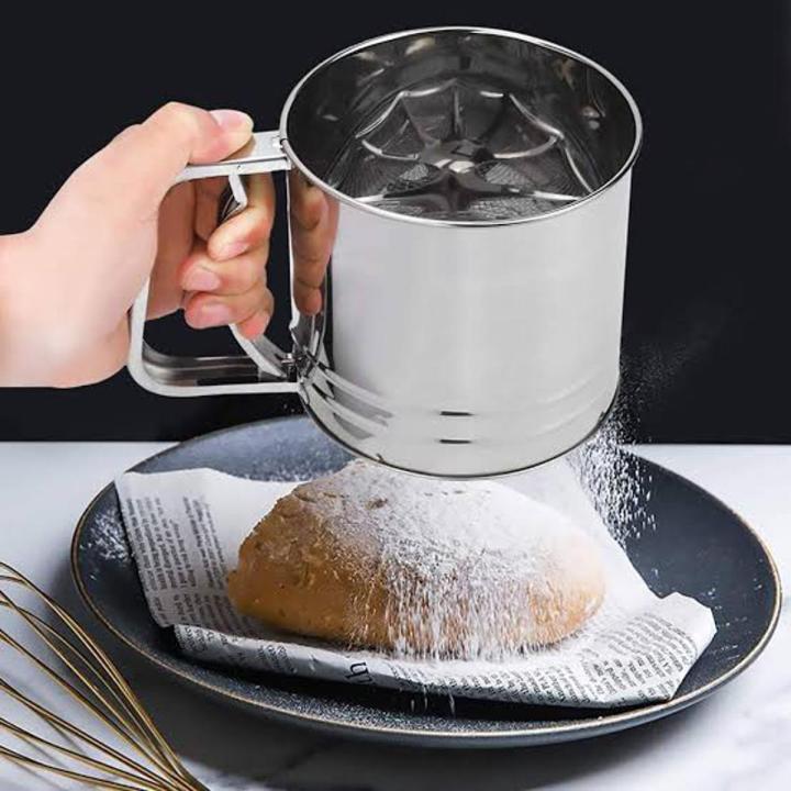 Stainless Steel Flour Sieve Cup Baking Shaker Sieve Cup Mesh Crank Flour Sifter with Measuring Scale Mark for Flour Icing Sugar