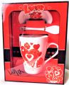 Beautiful Gift Pack Coffee Cup / Tea Mug with Spoon & Cupcap Lovely Red Heart Print. 