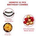 32 pc Combo of Happy Birthday Banner with LED lights + Red Gold Metallic Balloons | Birthday Decoration Items. 