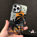 Dongzhu Summer Dusk Sunset Coconut Trees Luxury Plating Metal Phone Case Compatible for IPhone 11 15 14 13 12 Pro Ma XR X XS Max 15 14 Plus Shockproof Soft Silicone Cover. 