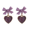 Pink Purple Bow Love Shape Temperament Female Earrings Simple Sweet Japanese And Korean Fashion Small Fresh Frosted Heart-shaped Earrings 1Pair. 