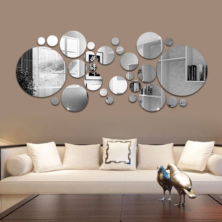 28Pcs 3D Mirror Wall Art Wall Sticker,Geometric Circle Mirror Self-adhesive Wall Stickers,DIY Stickers Wall Decor for Living Room Bedroom TV Background Wall Decorations