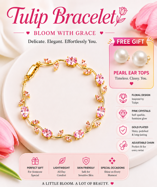 Tulip Bracelet for Girls & Women, Elegant Flower Charm Bracelet, Korean Style Jewelry, Tulip Hand Bracelet for Women, Fashion Floral Charm Jewelry Gift, Tulip Flower Bracelet, Premium Flower Bracelet for Girls