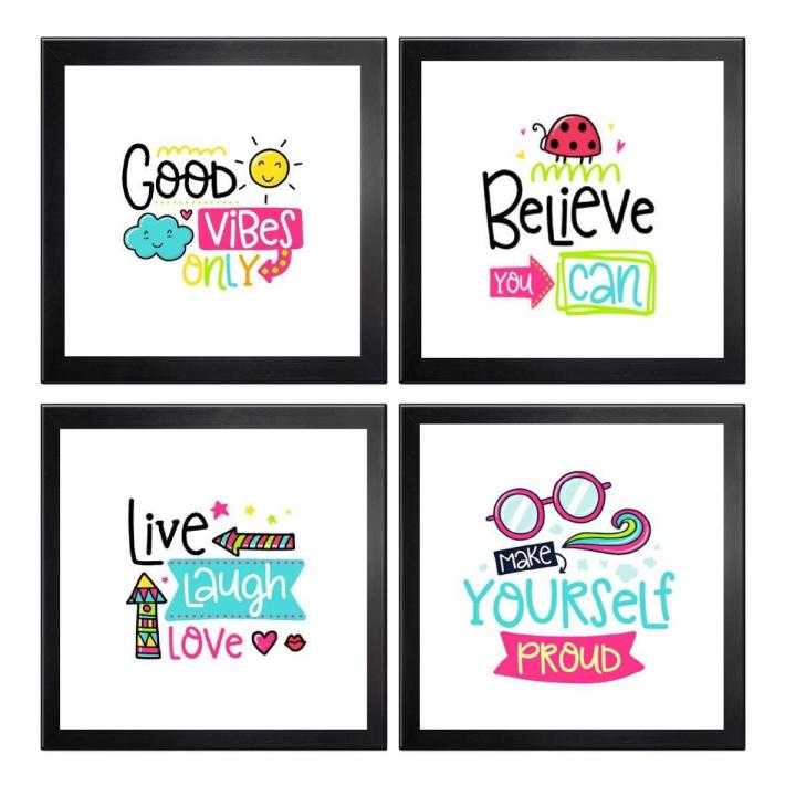 Pack of 4 Motivational Quotes, Customized Glass front Photo Frame, 5x5 Inspirational Quotes Decoration For Home, Wall Decoration Items, Room Décor, Square Frames